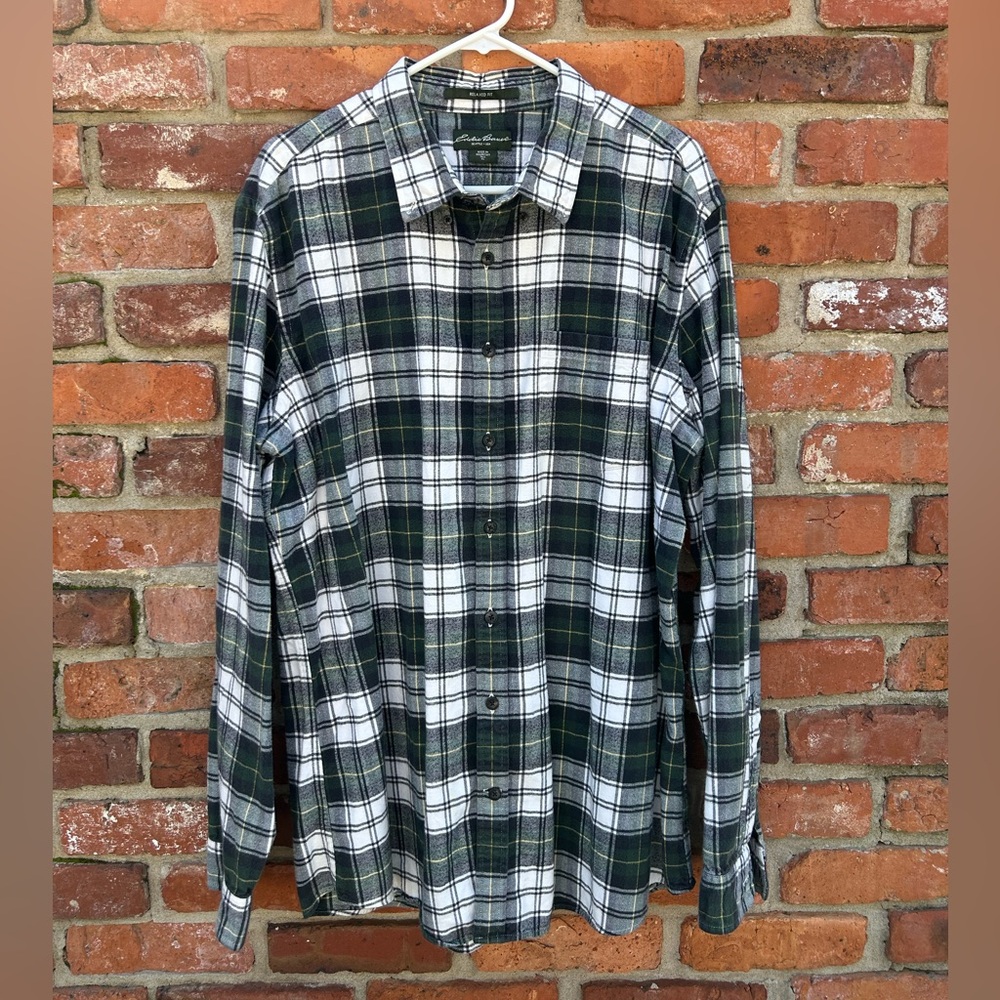 Eddie Bauer Classic Green & White Plaid Button-Down Flannel Shirt XL Tall Cotton